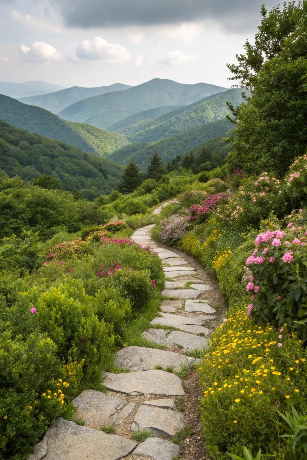 A winding stone pathway meandering through a vibrant mountain garden.