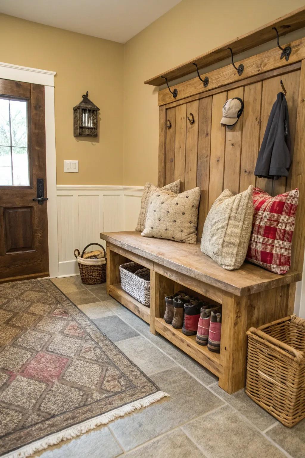 A cozy mudroom featuring a reclaimed wood bench with soft cushions for seating comfort.