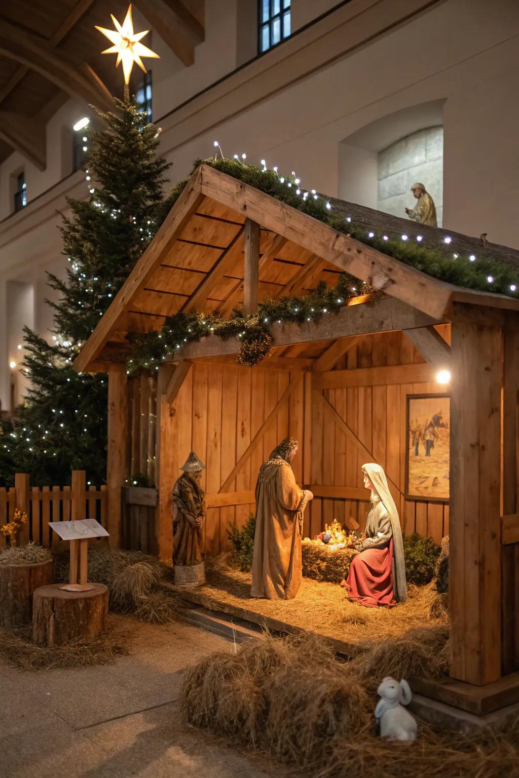 A rustic wooden stable brings a traditional charm to the nativity scene.