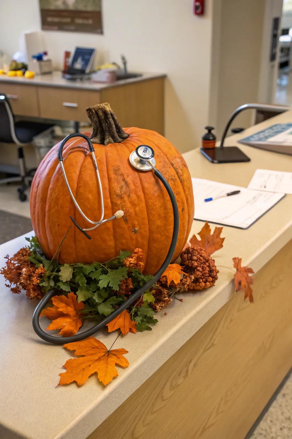 A pumpkin adorned with a listening device offers a healthcare-inspired twist to seasonal decor.