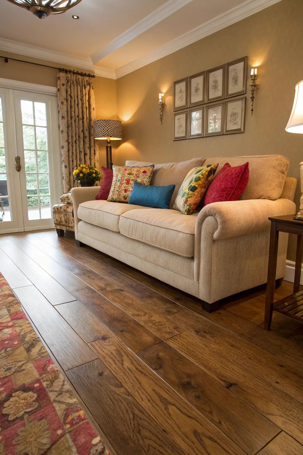 A cozy and inviting living room with plush furnishings and oak flooring.