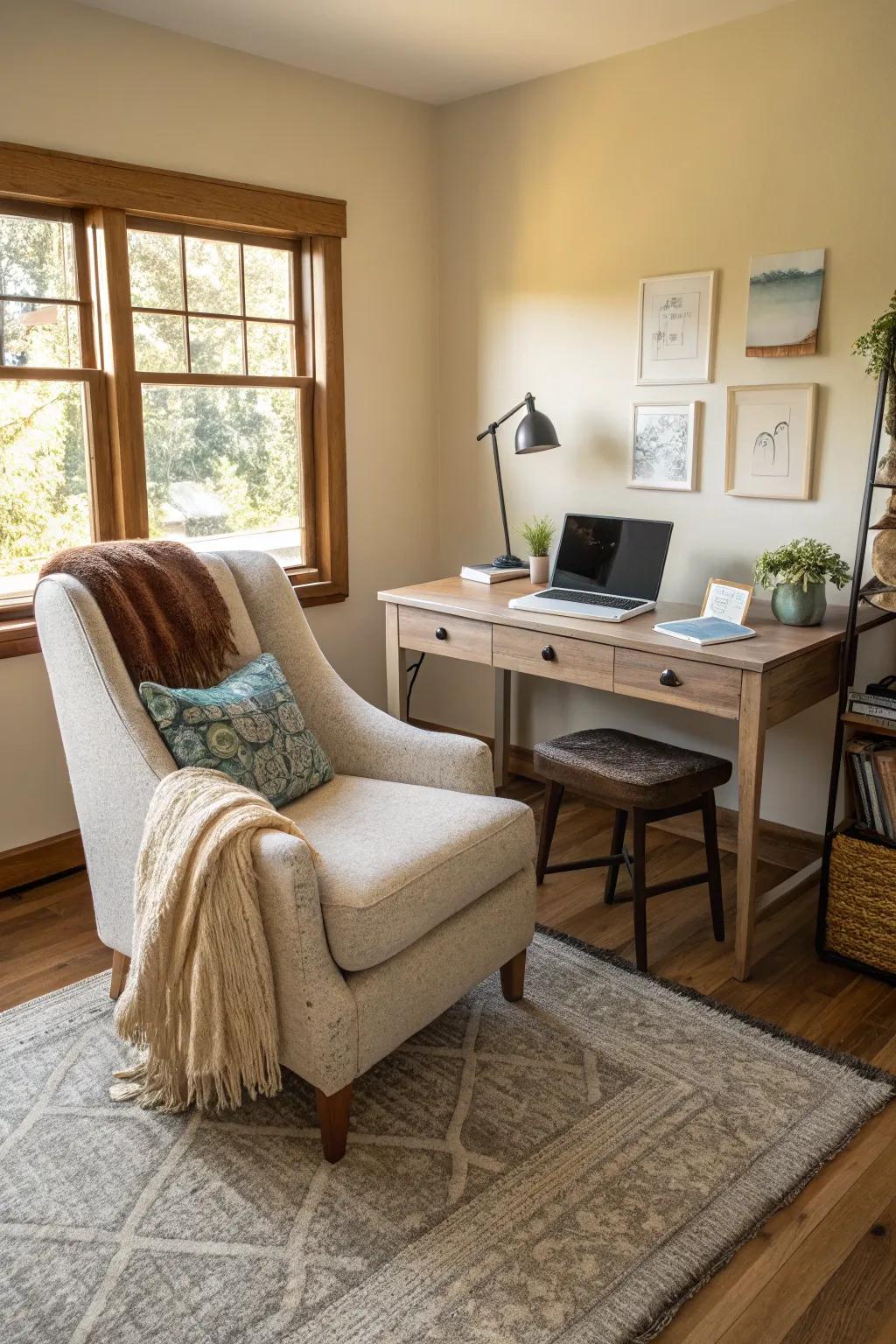 A dual-purpose office den that combines work and relaxation.