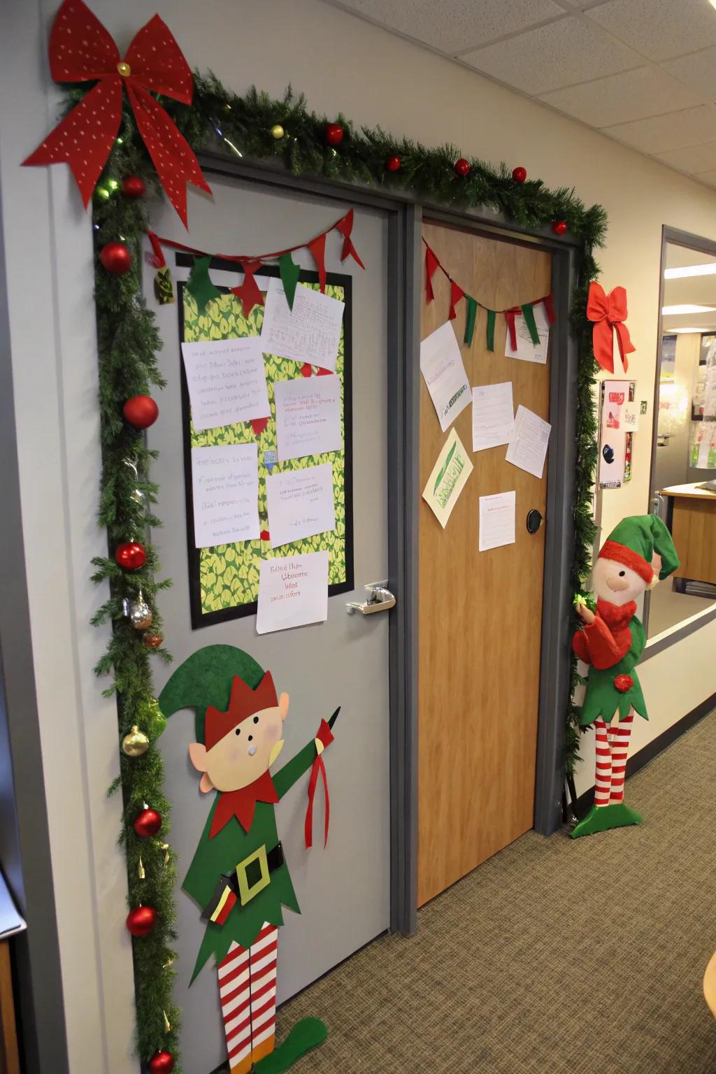 Elves causing chaos with office supplies, bringing humor to your door.