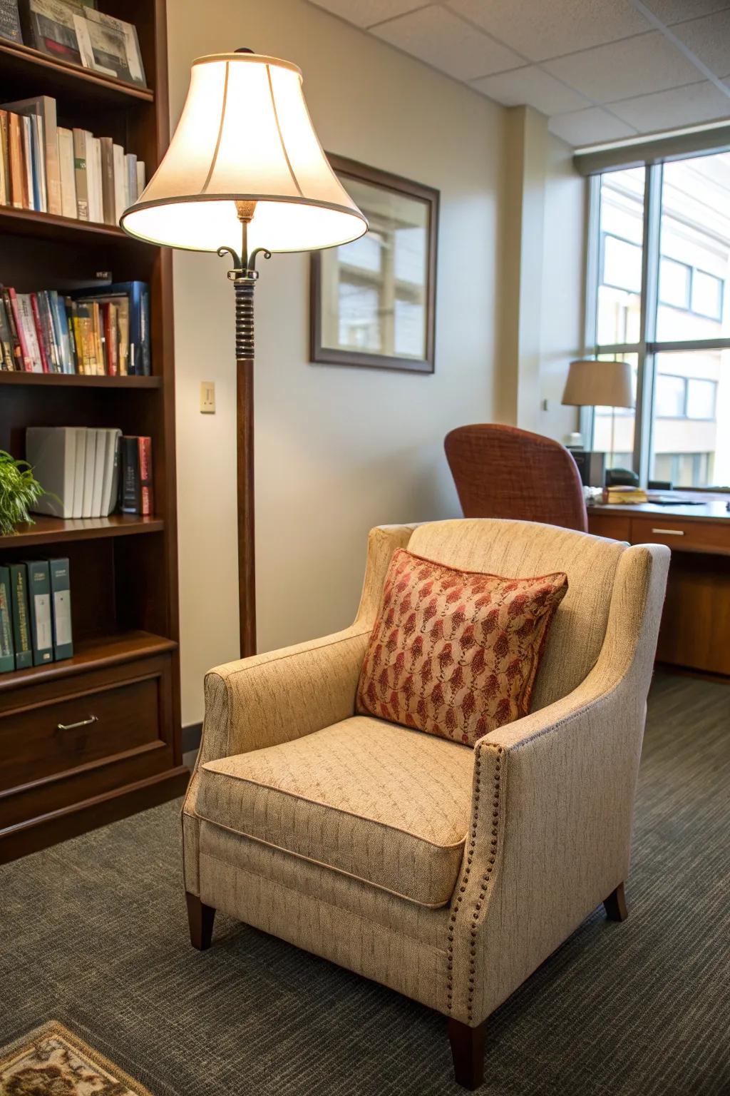 This comfortable alcove features an opulent easy chair, perfect for a relaxing reading session.