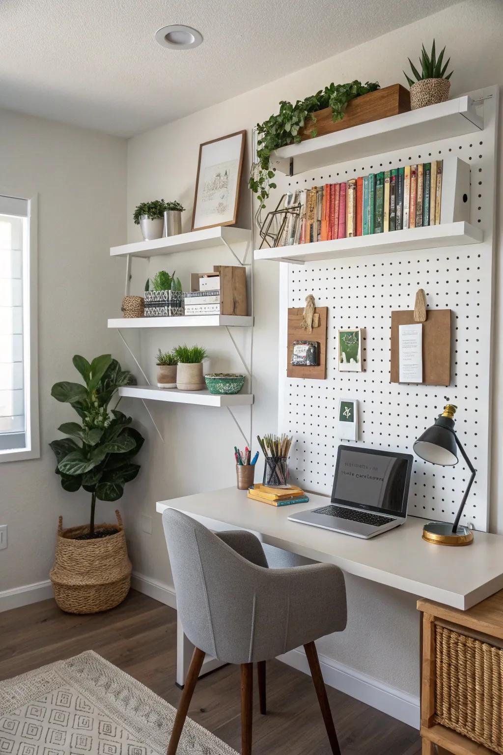 An efficient use of vertical space with wall-mounted shelves and a pegboard.