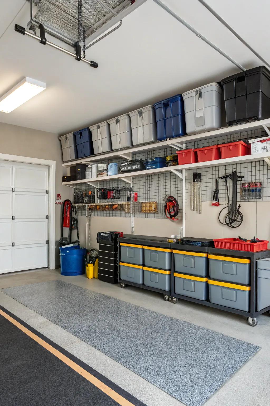 Overhead storage racks maximize space in a one-car garage.