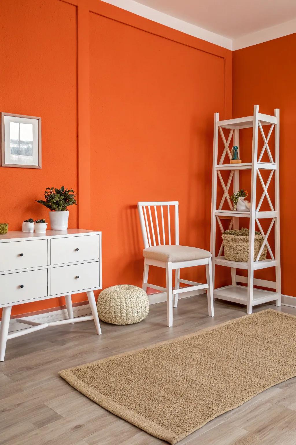 A room that showcases a strong orange focal wall combined with elegant white furniture.