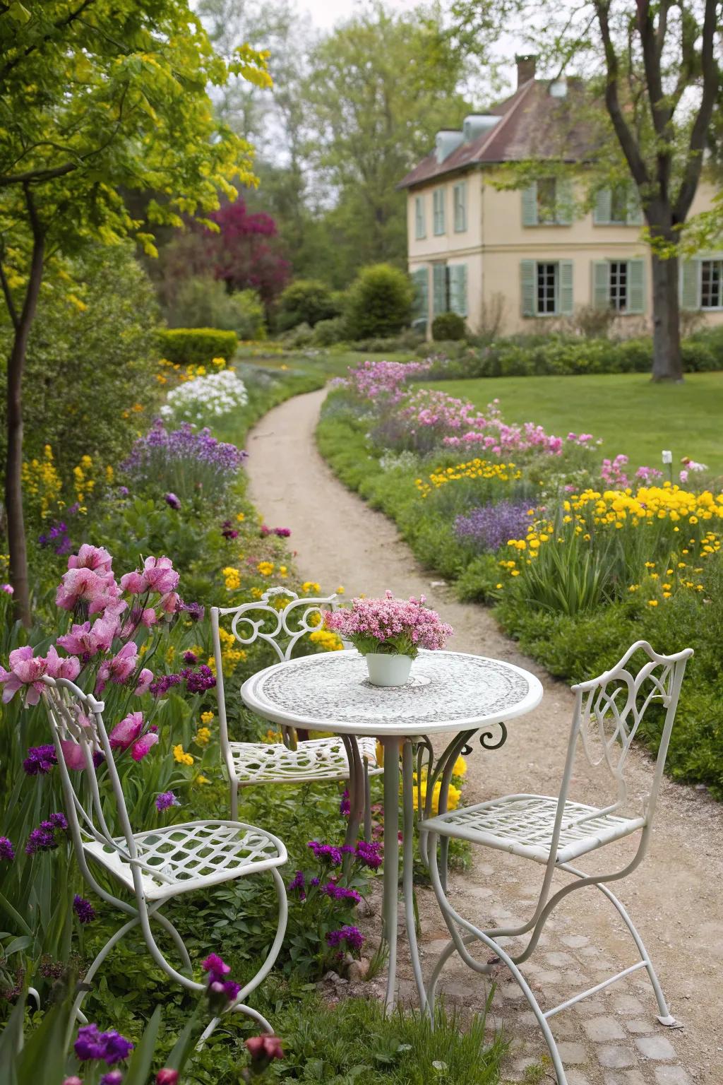 A wrought iron table and chair set offers timeless beauty in a blossoming garden.