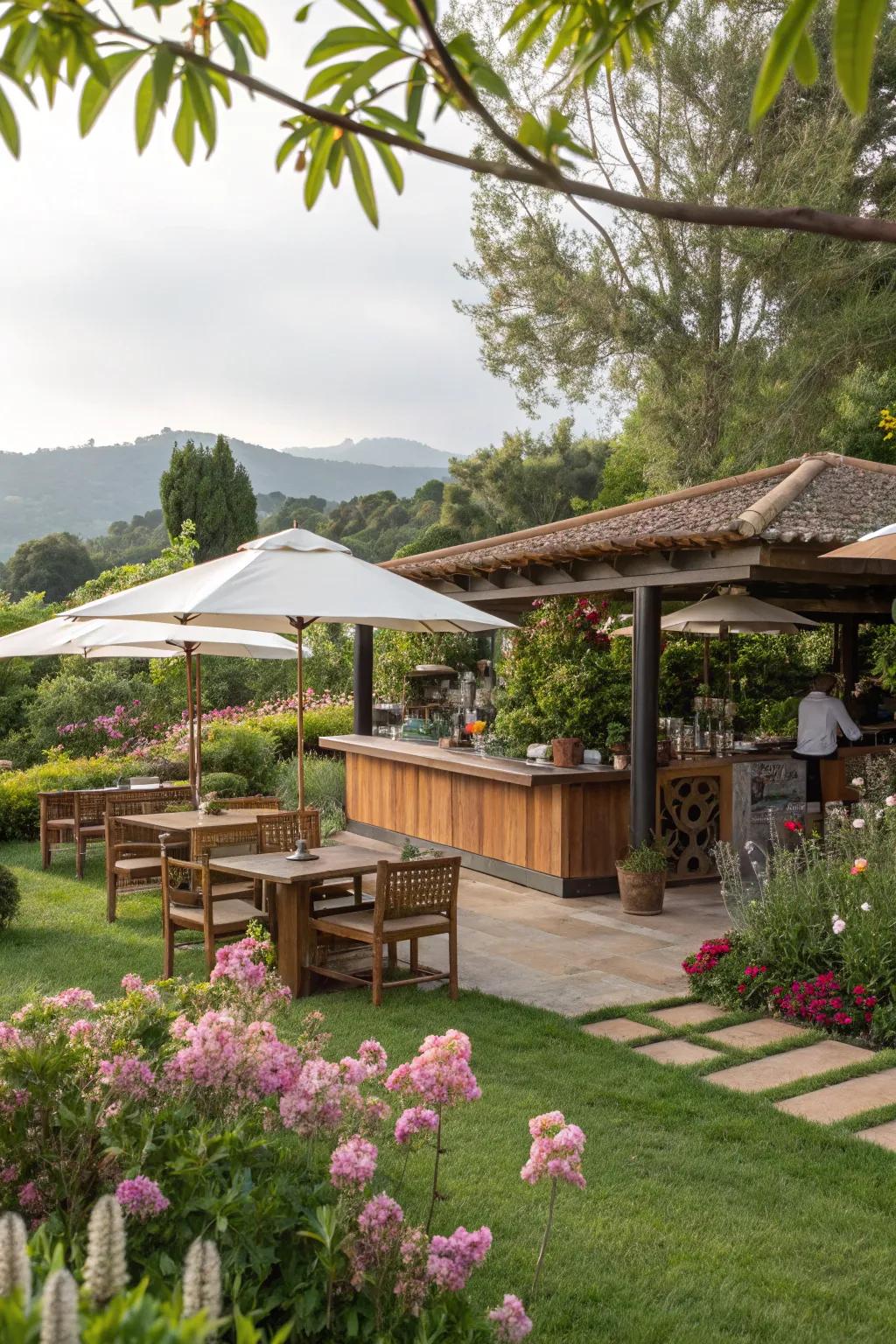 A sheltered yard coffee spot encircled by lively greenery.