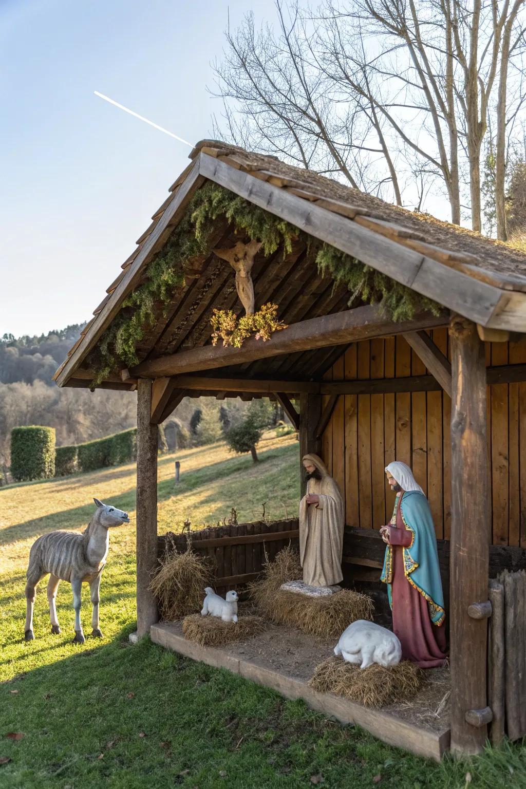 Embrace tradition with a rustic wooden stable nativity scene.