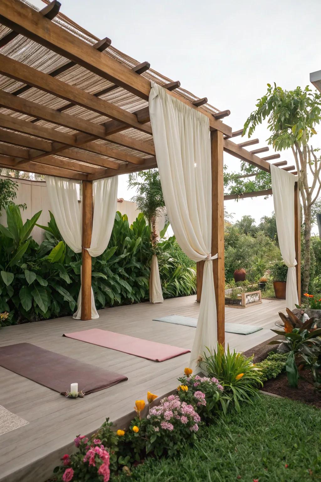 A pergola offers shade and style, perfect for your outdoor yoga sessions.