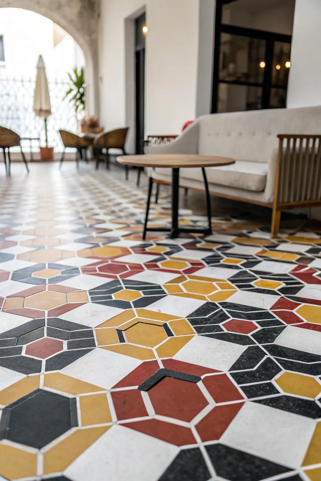 A space showcasing floors with vibrant geometric patterns, specifically hexagons, creating a modern, dynamic atmosphere.