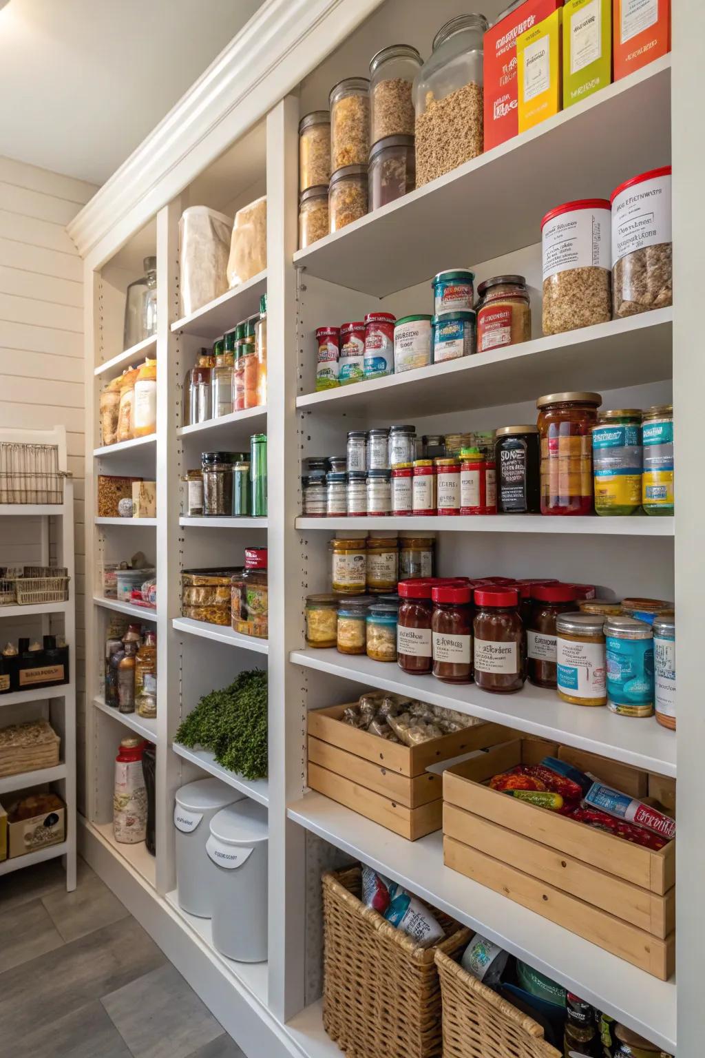 Custom shelving in a pantry maximizes vertical space and accommodates diverse storage needs.