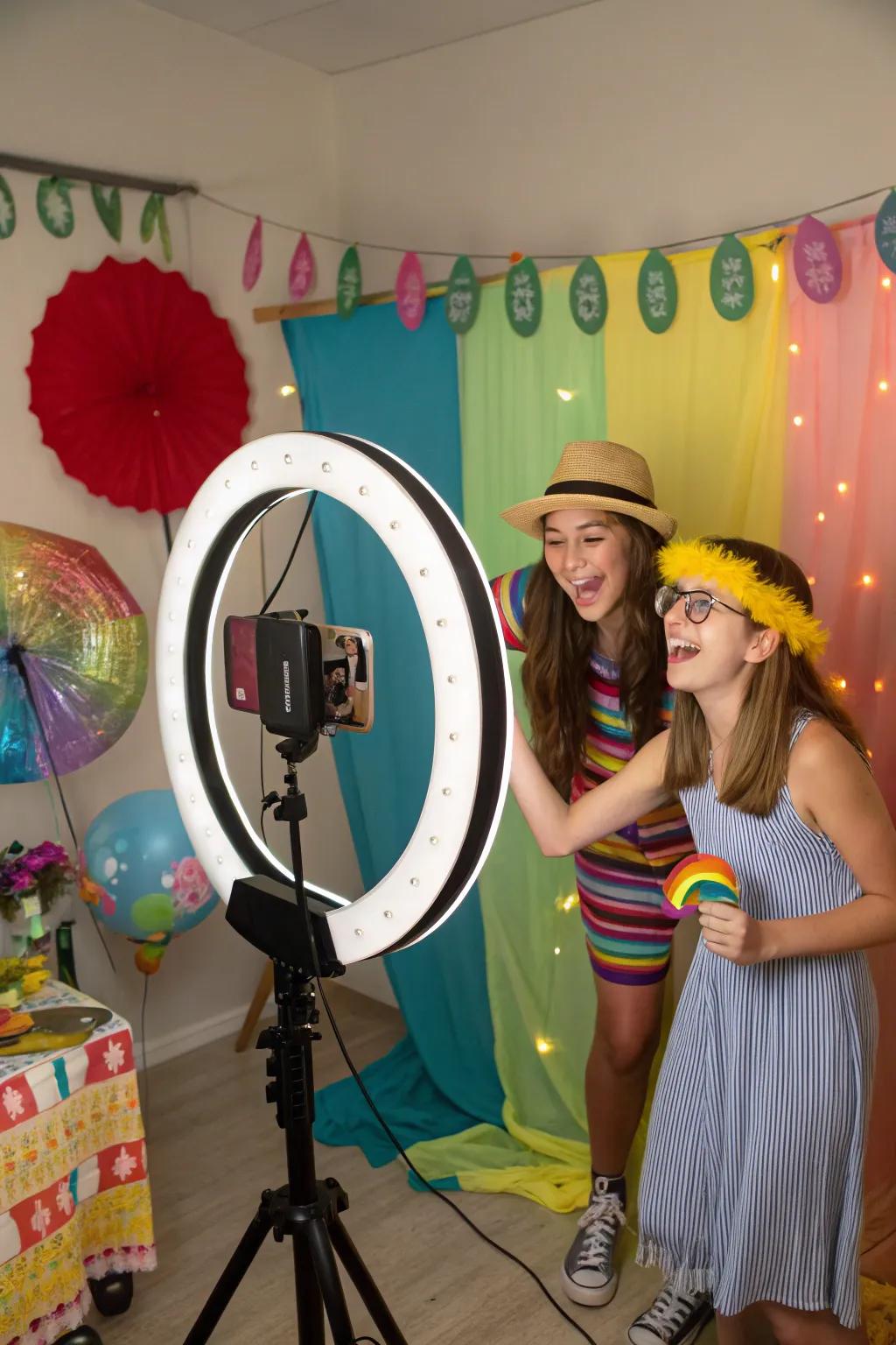 Teens enjoying a DIY photo booth with fun props and a lively backdrop.