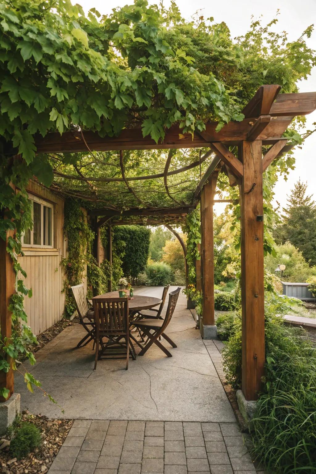 A wooden pergola festooned with climbing vines imparts a natural vibe to your patio.