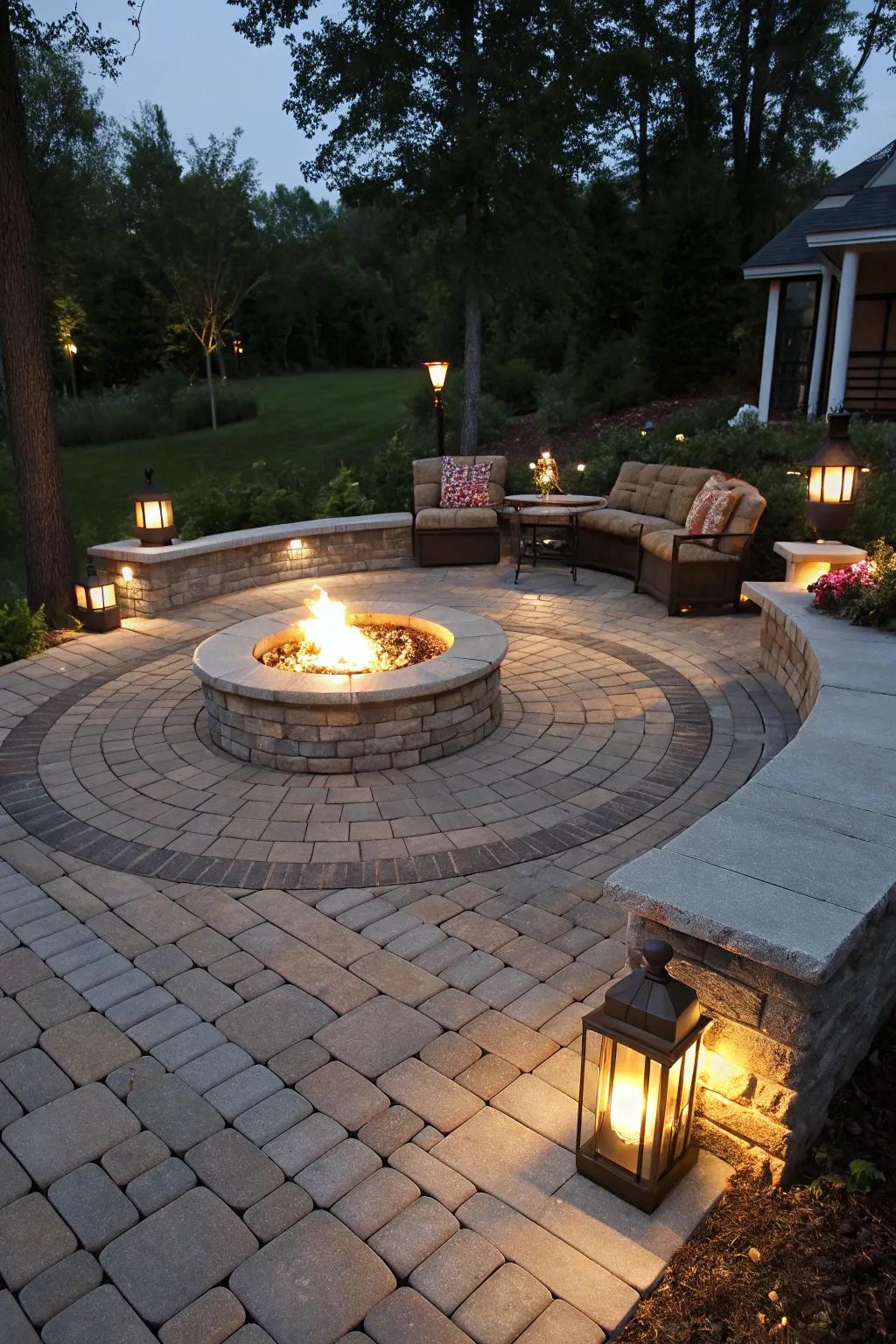 A circular paver patio with a fire pit as the central attraction, offering a warm and inviting atmosphere.