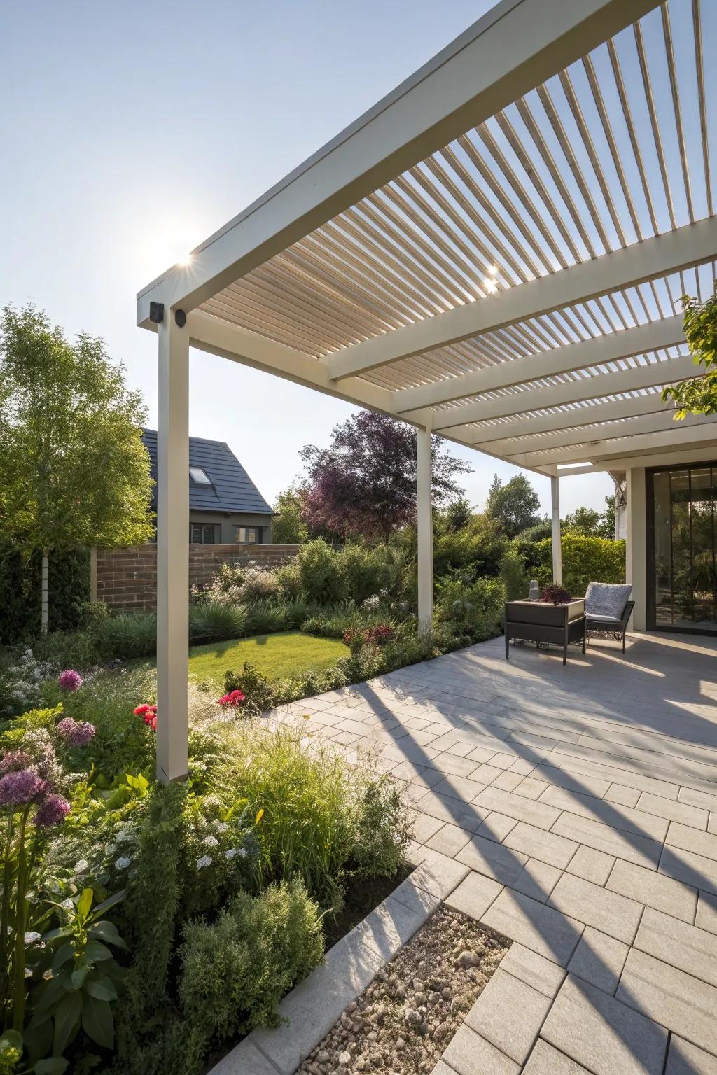 A louvered roof offers adjustable shade and sunlight.