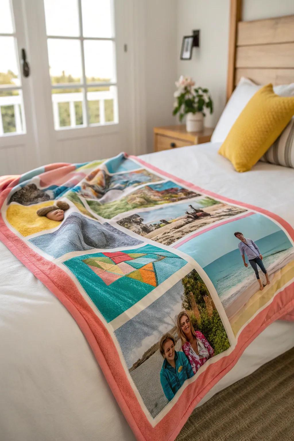 A fleece blanket transformed into a vibrant photo collage, capturing family memories.