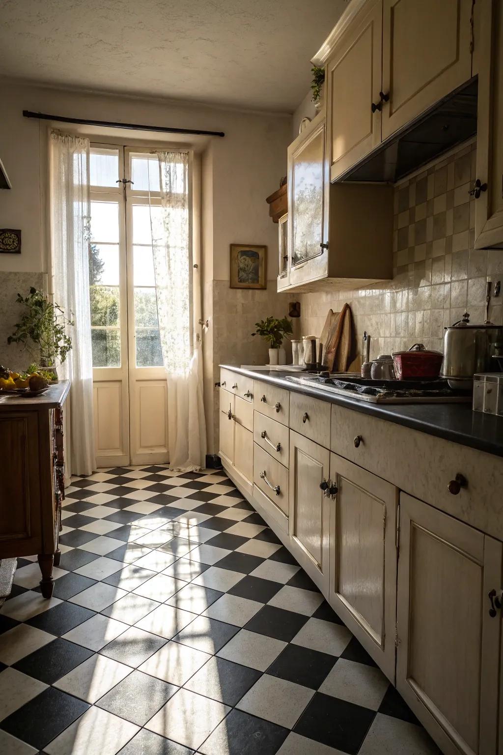 A classic checkerboard floor introduces enduring elegance to the kitchen.