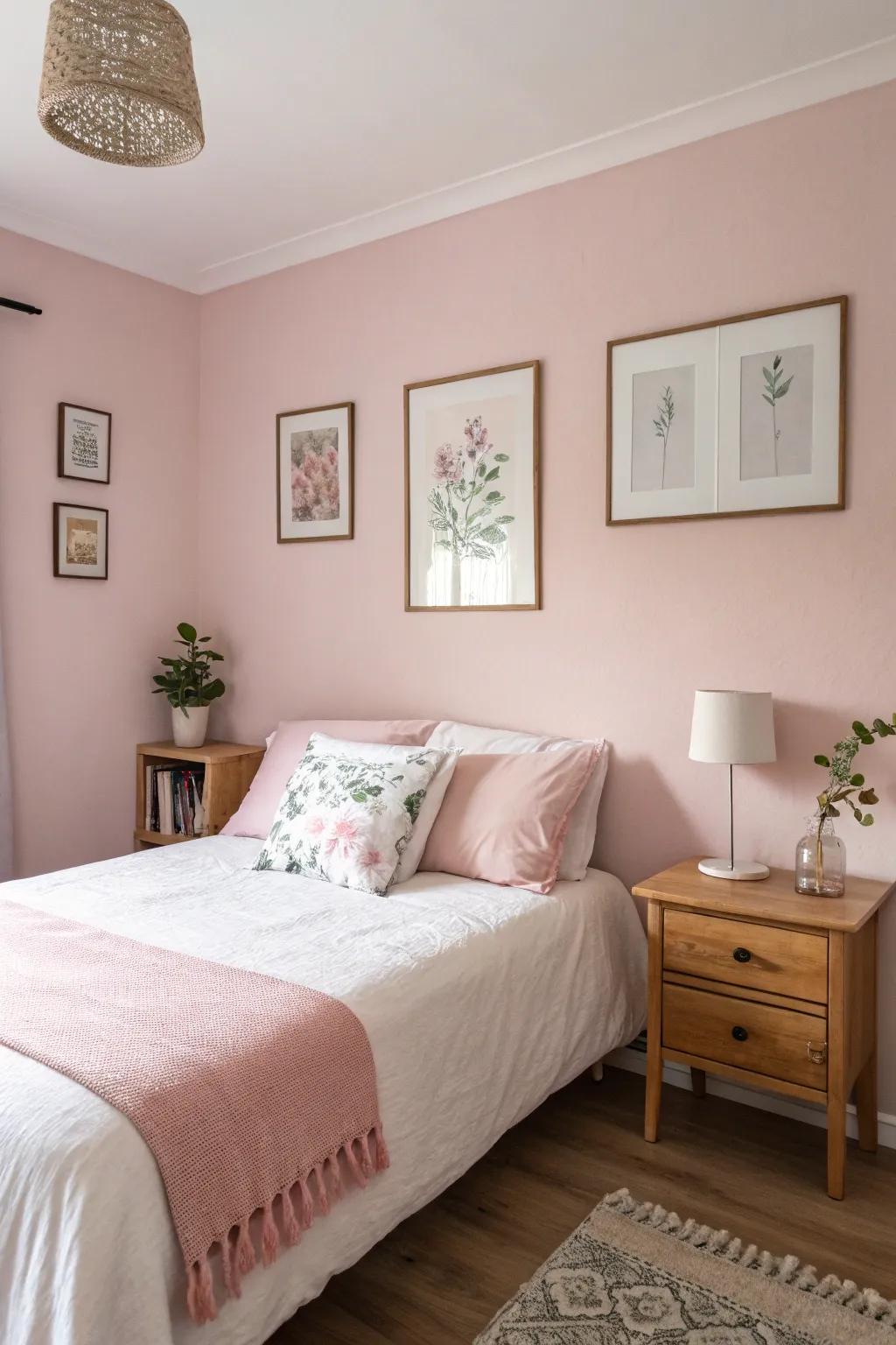 A serene bedroom featuring pastel pink walls with minimalistic furnishings.