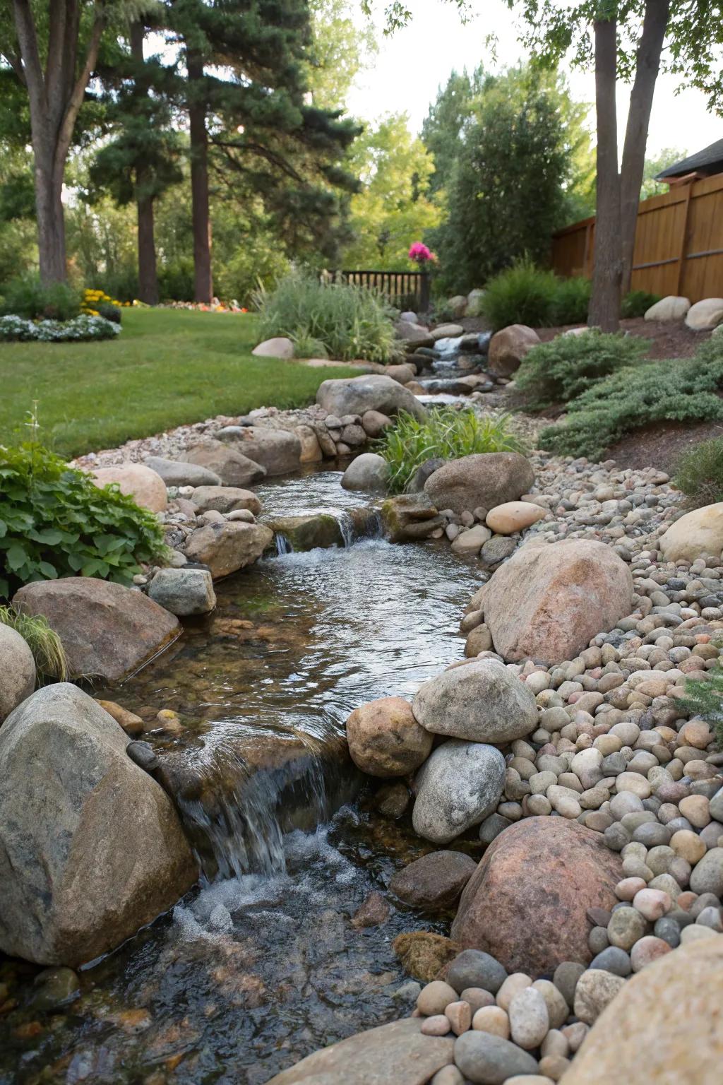 Natural stones blend seamlessly, giving your stream a timeless appeal.