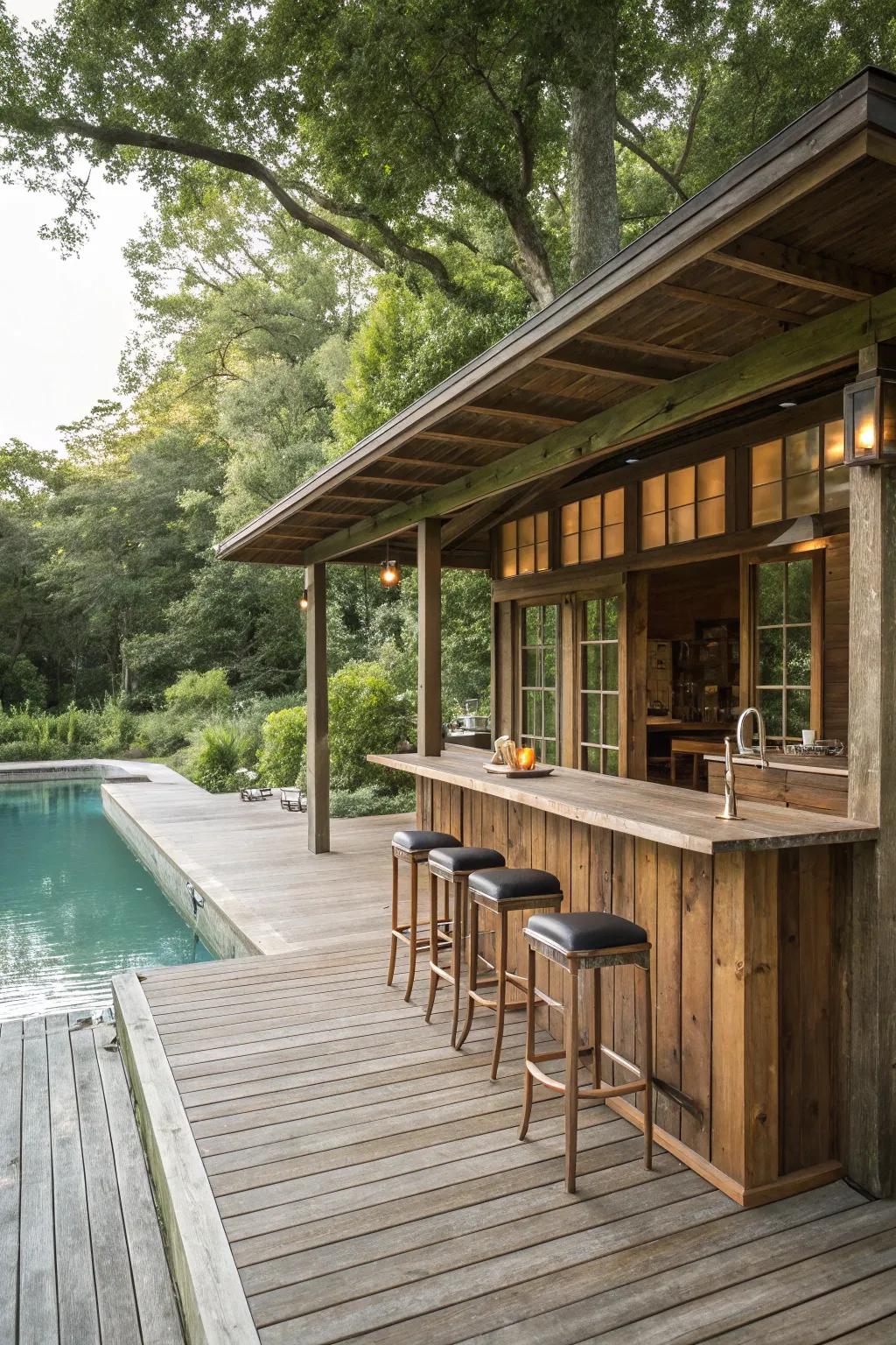 A rustic wood bar brings warmth and character to your poolside.