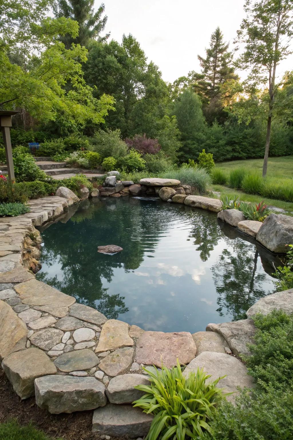 A pool pond decorated with natural stone features.