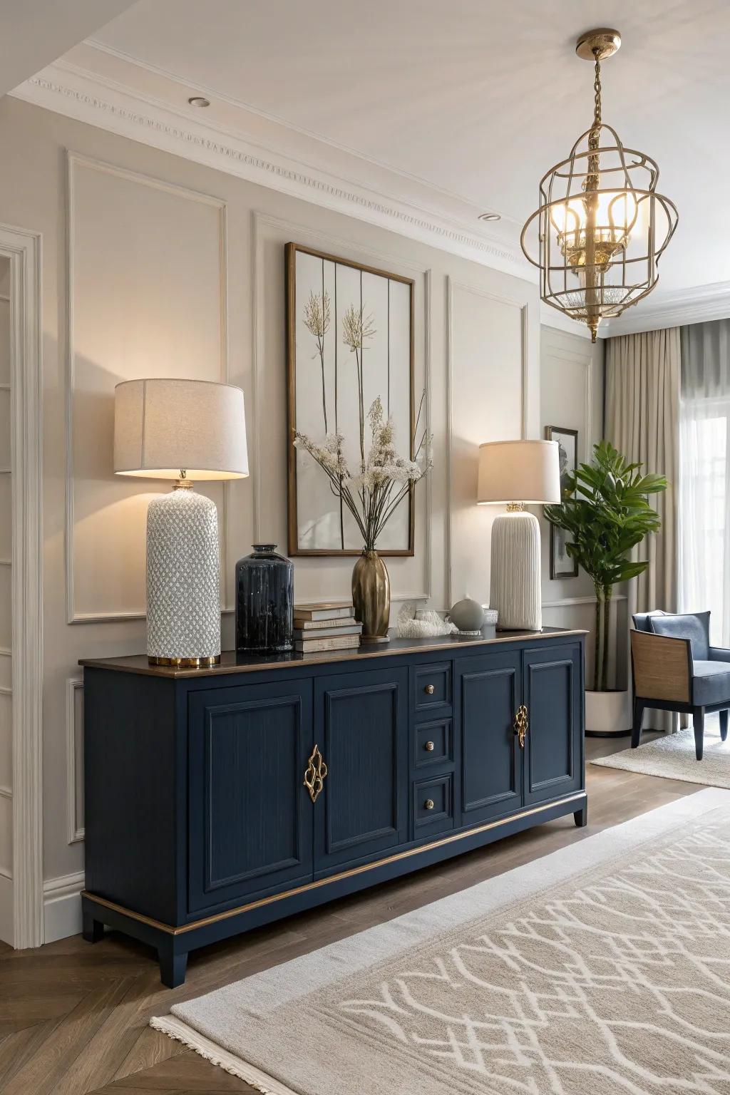 A navy blue sideboard adds timeless elegance and depth.