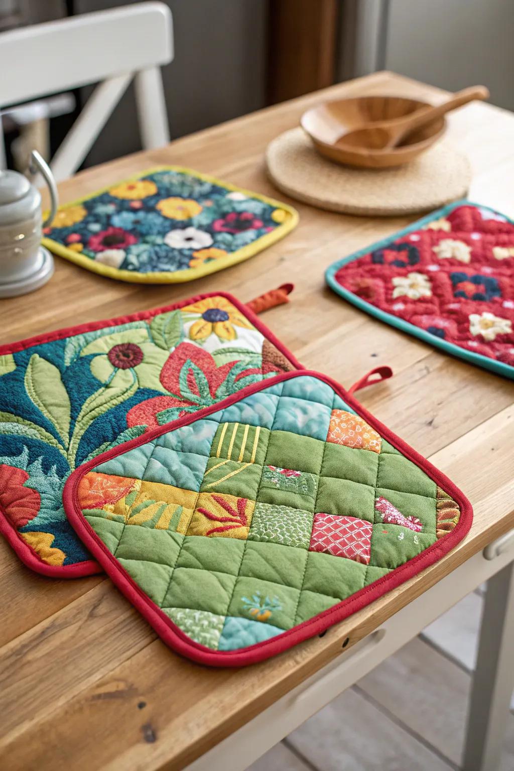 Eye-catching stitched oven protectors introduce a vibrant touch and warmth to any kitchen setting.