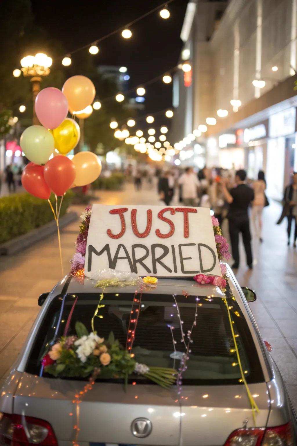 A traditional 'Just Married' sign gives a classic touch to the getaway vehicle.