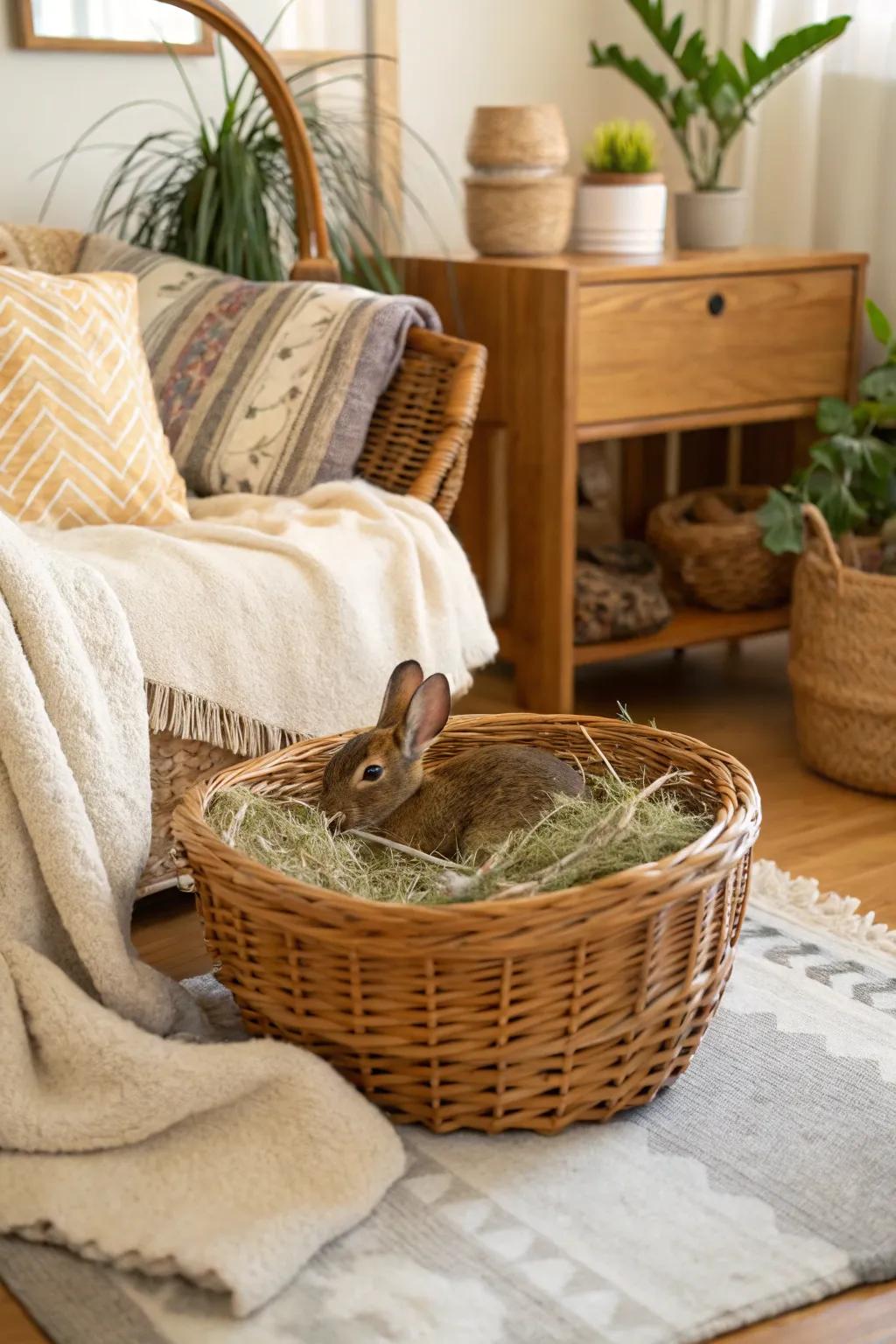 A wicker basket brimming with rabbit hay, adding a rustic touch to the decor.