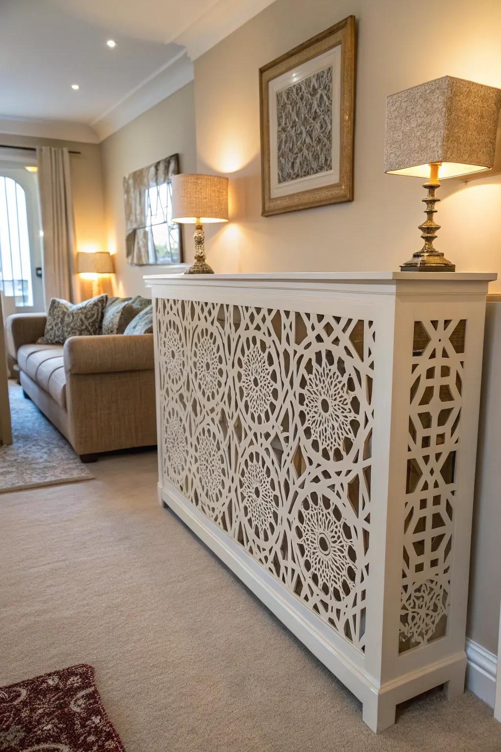 Intricate decorative panels transform a radiator cover into a stunning artwork.