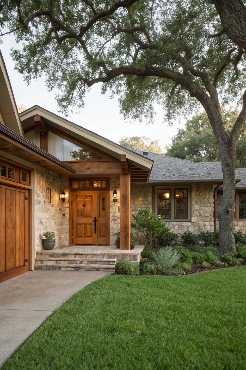 A classic wooden door adds warmth to any ranch-style home.