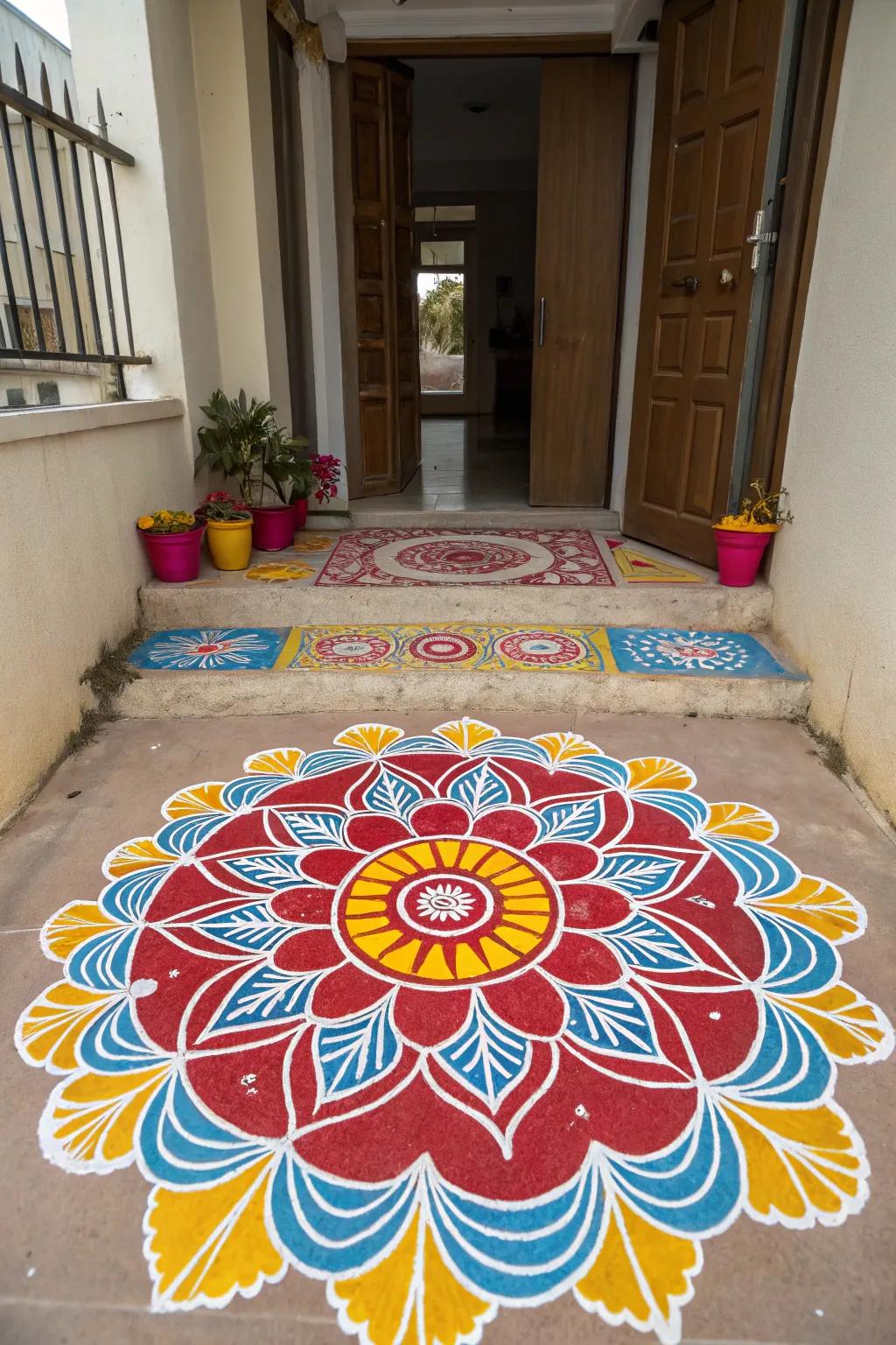 Brilliant hues enliven this rangoli design, perfect for your Diwali festivities.