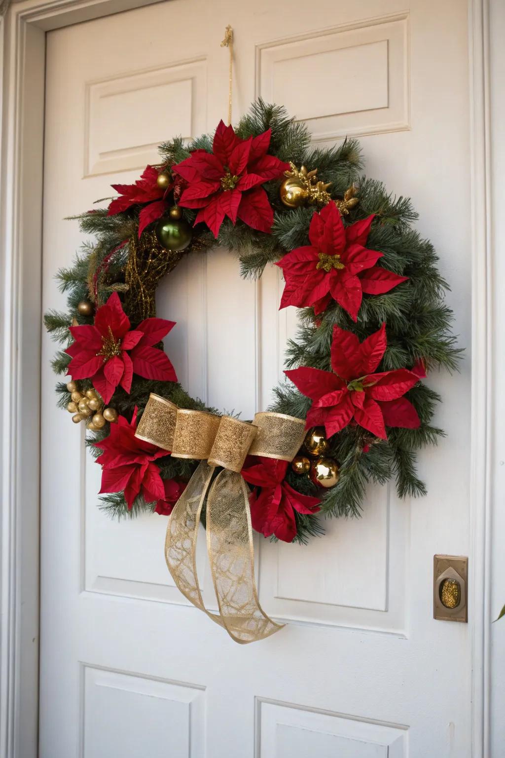 Classic beauty with christmas flowers and gilded ribbons.
