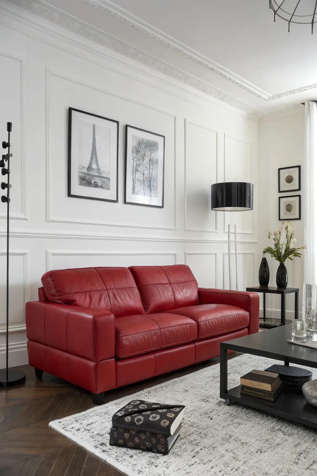 A minimalist backdrop amplifies the audacious presence of your scarlet hide sofa.
