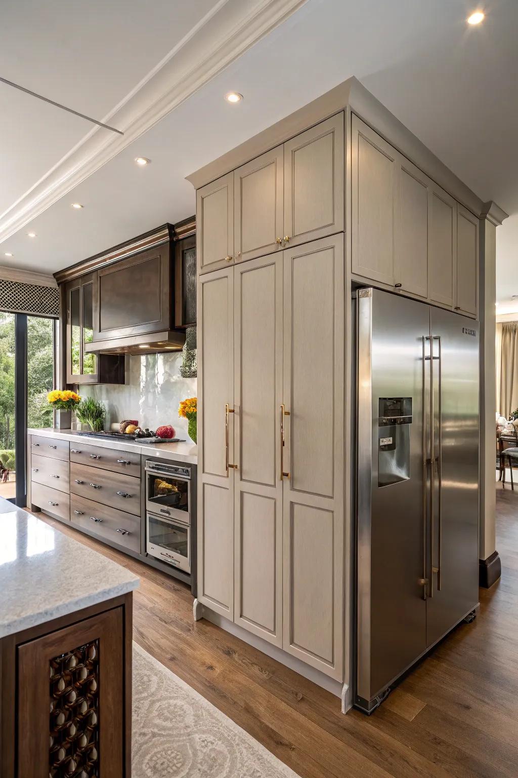 A cooking space where the 'ice-box' is ingeniously masked behind custom cabinetry panels.