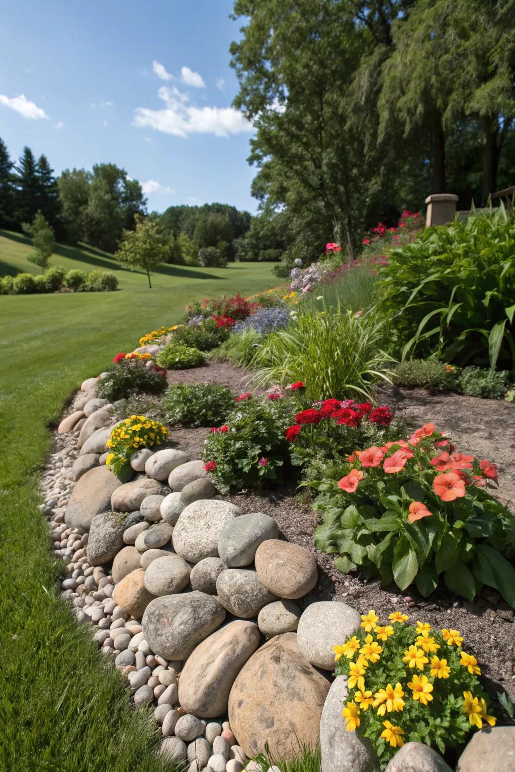 Create defined and elegant garden borders with river rocks.