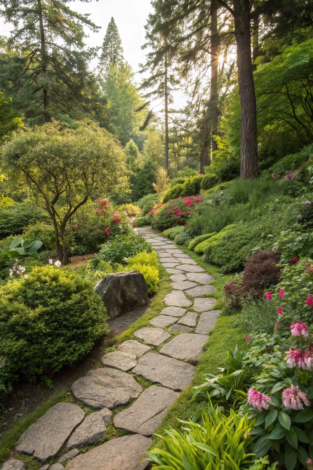 A winding rock pathway through a lush, inviting garden.