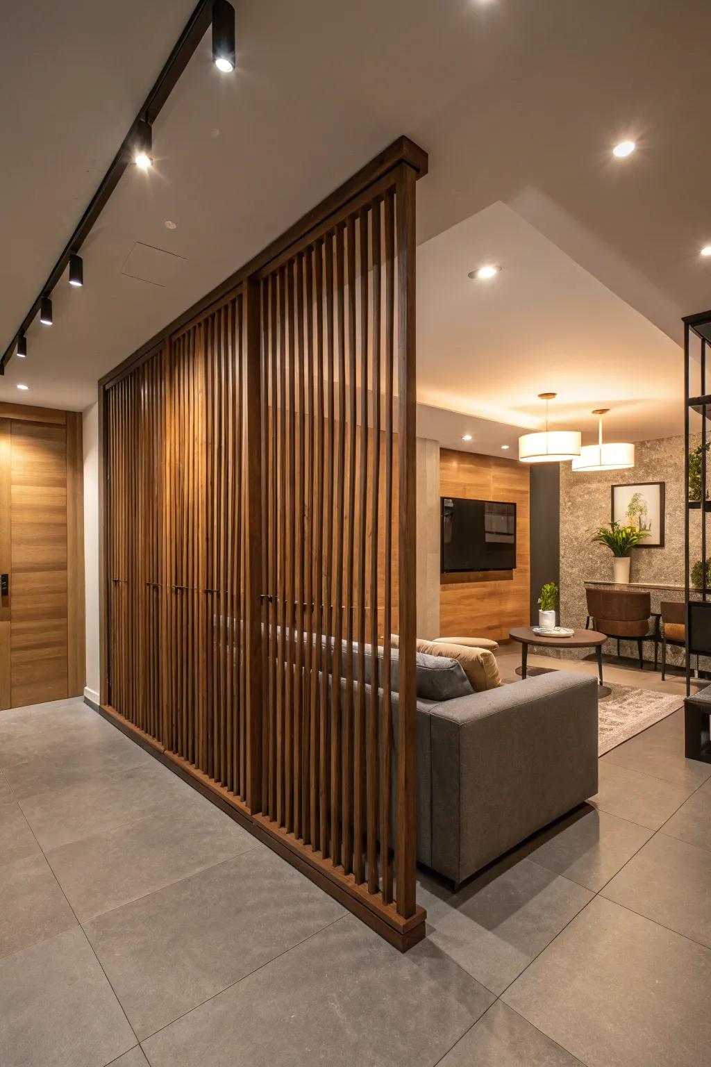 Wooden slats bring a modern yet warm feel to any basement.