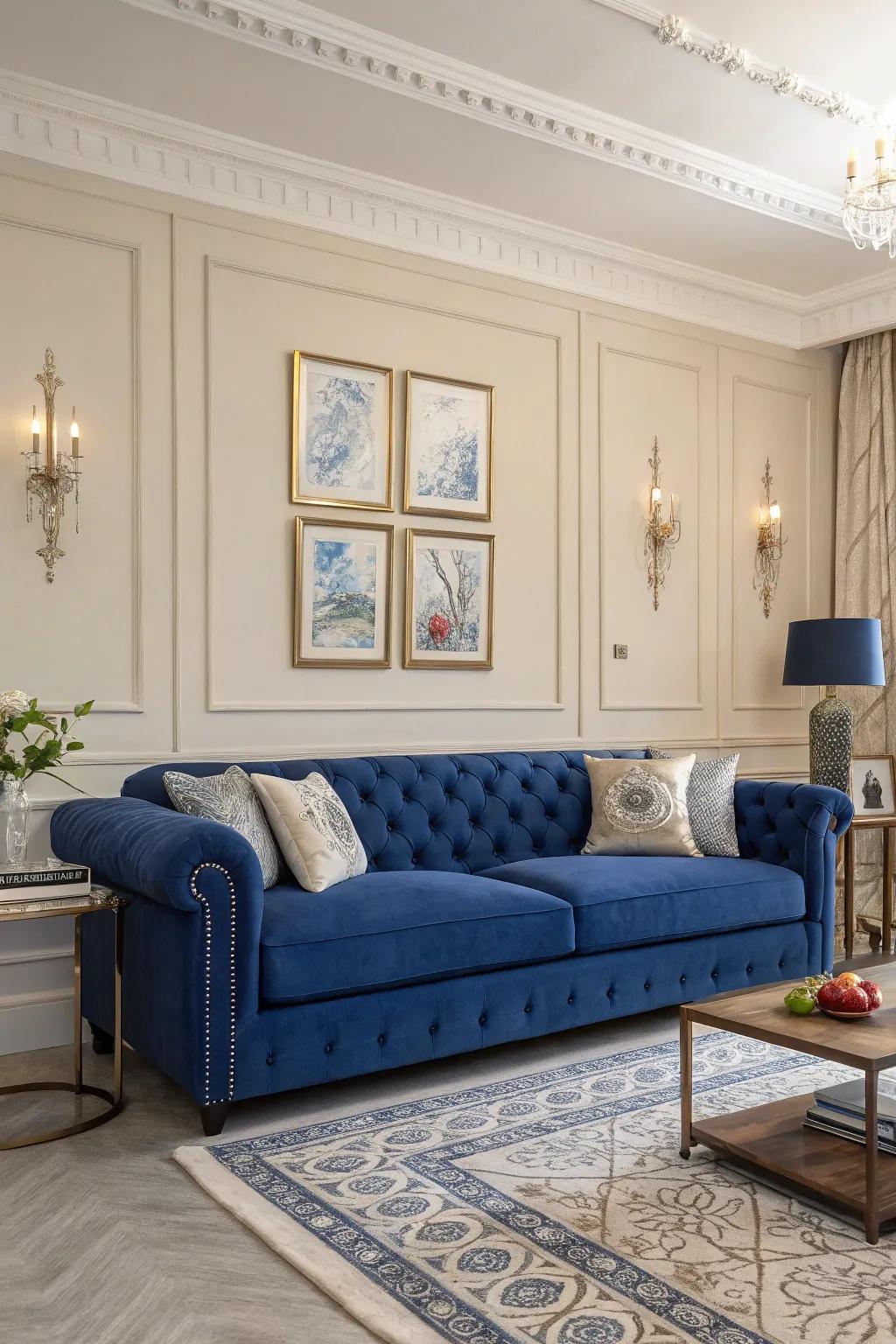 A sapphire sofa establishes a striking and sophisticated impression in any lounge.