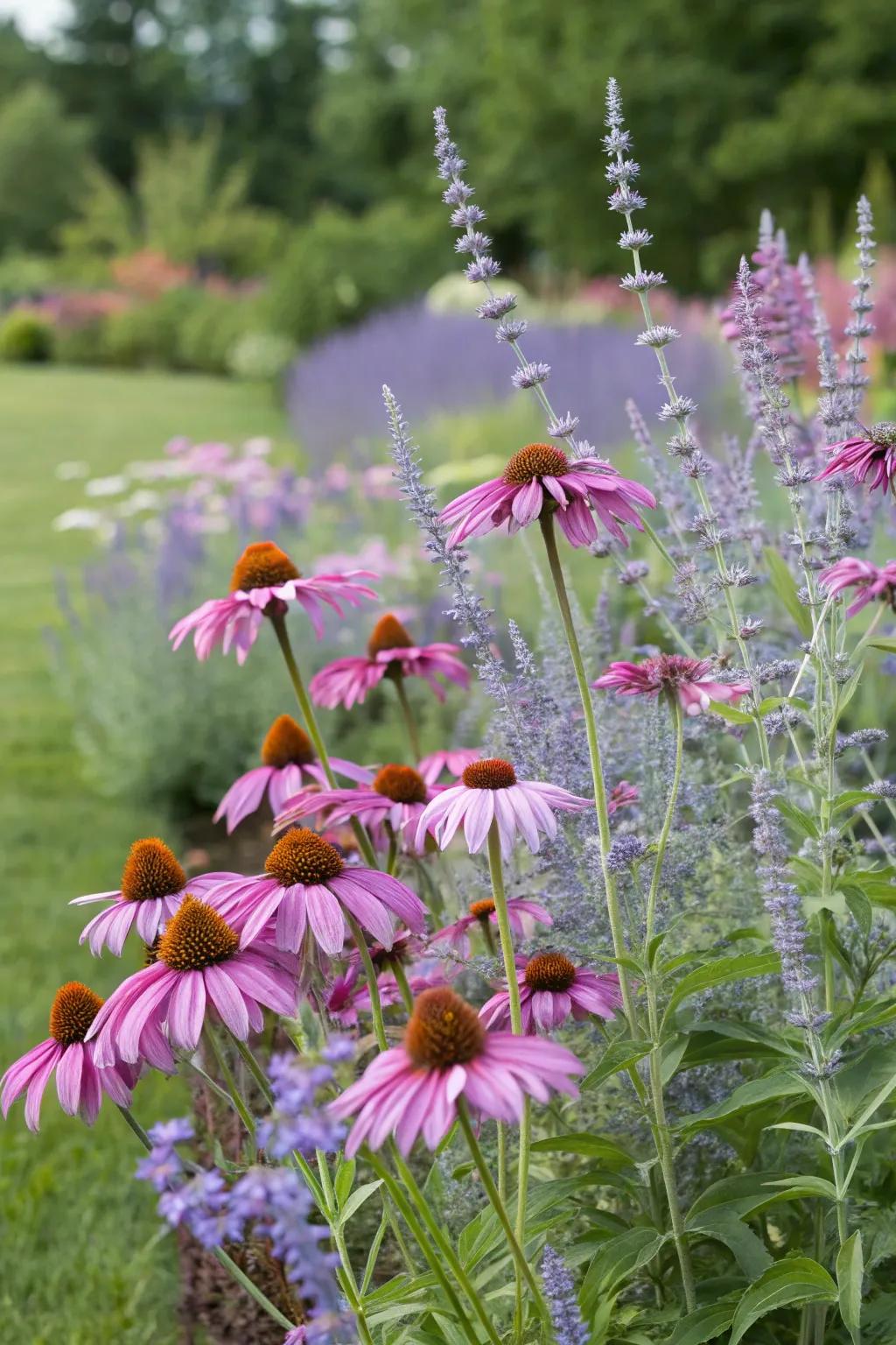 A lively garden scene featuring Russian sage paired with stunning purple coneflowers.