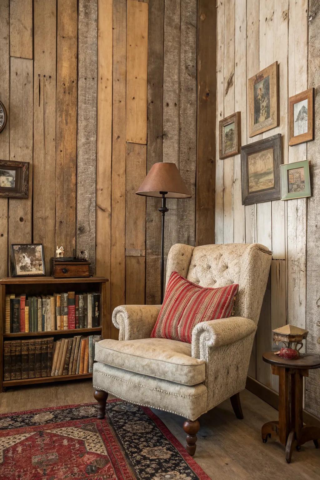 Weathered wood panels bring rustic texture to your walls.