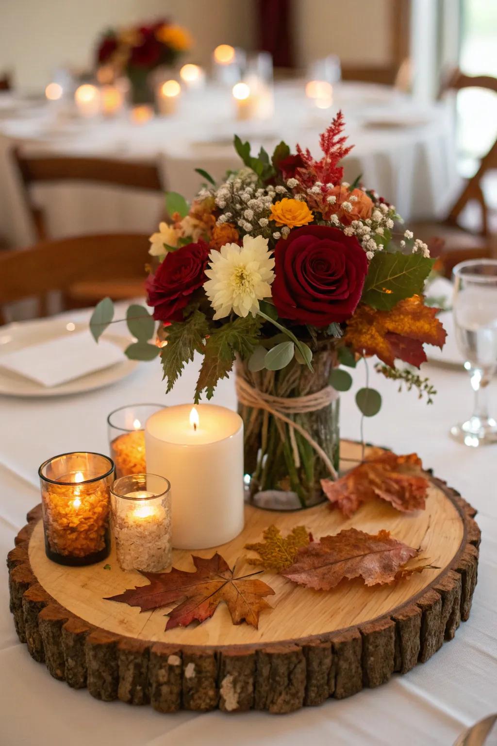 Timber plank foundation centerpiece with blossoms and tapers