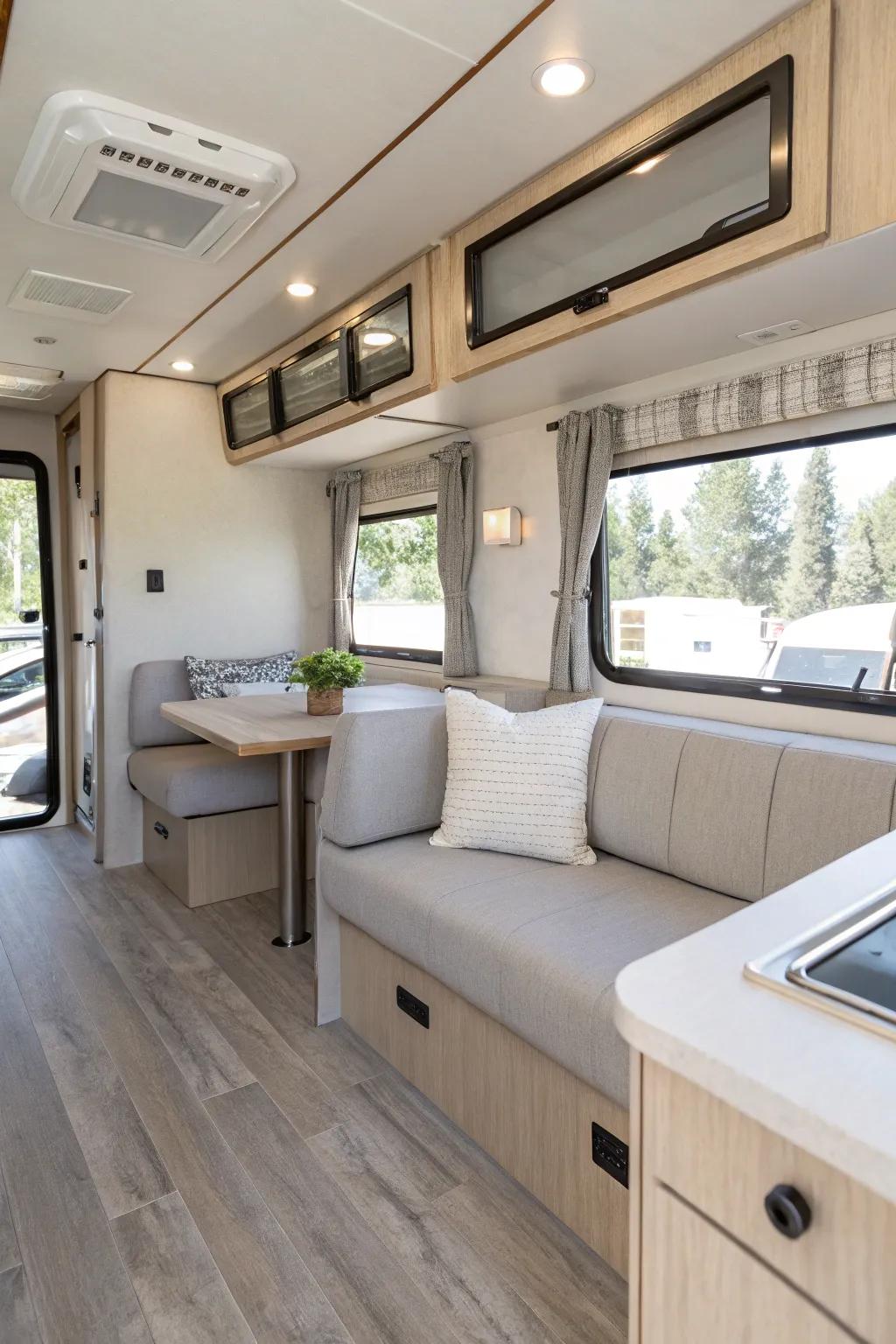 An RV interior with a modern neutral palette that enhances space and light.