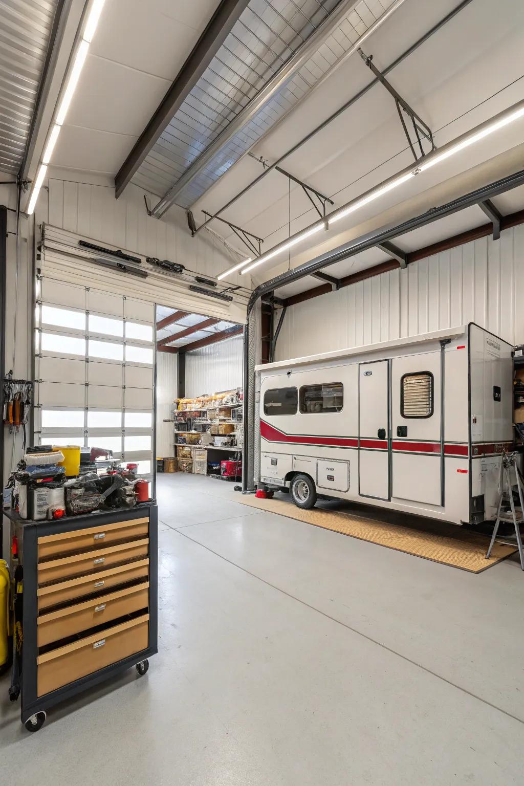 Soaring ceilings in an RV garage offer abundant opportunities for inventive storage solutions.