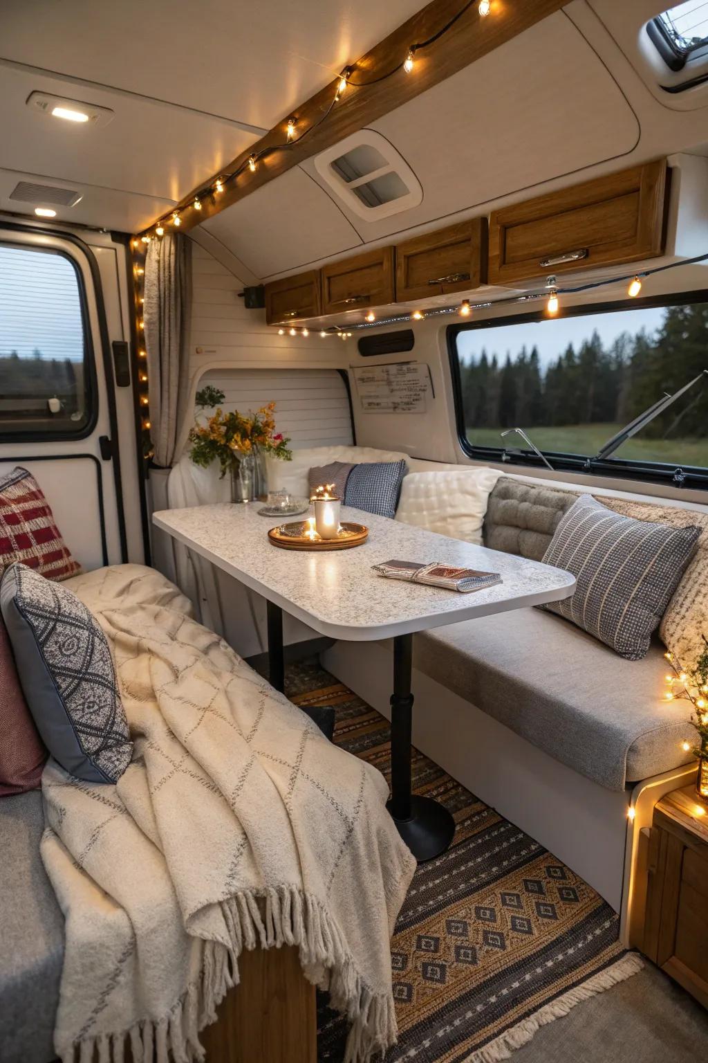 A convertible table in an RV provides versatile functions.