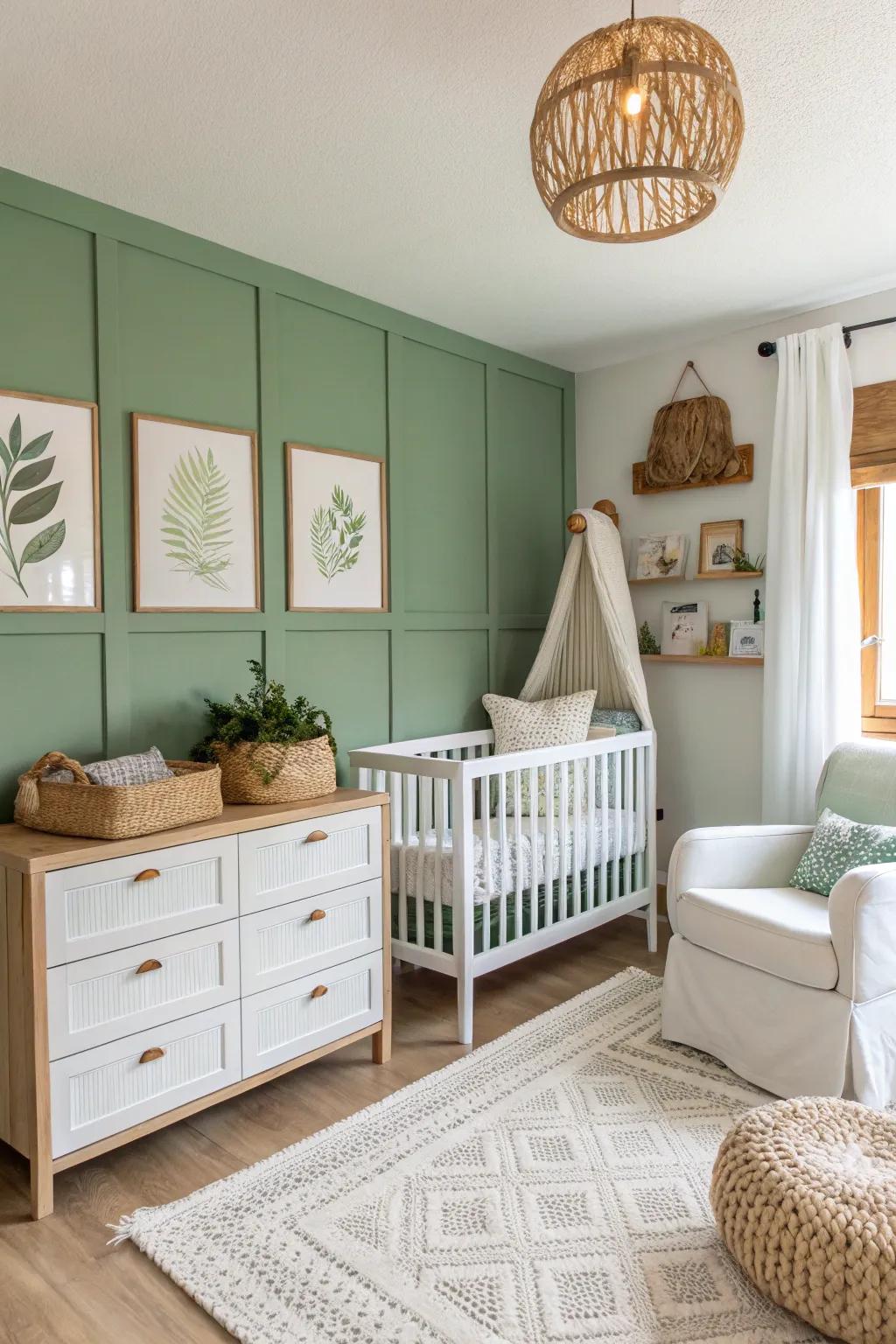 A sage green accent wall adds a focal point in this serene nursery.