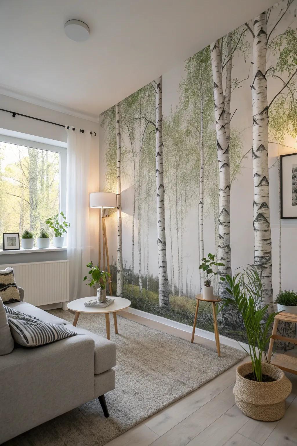 A Scandinavian living room with a nature-themed wall mural featuring birch trees