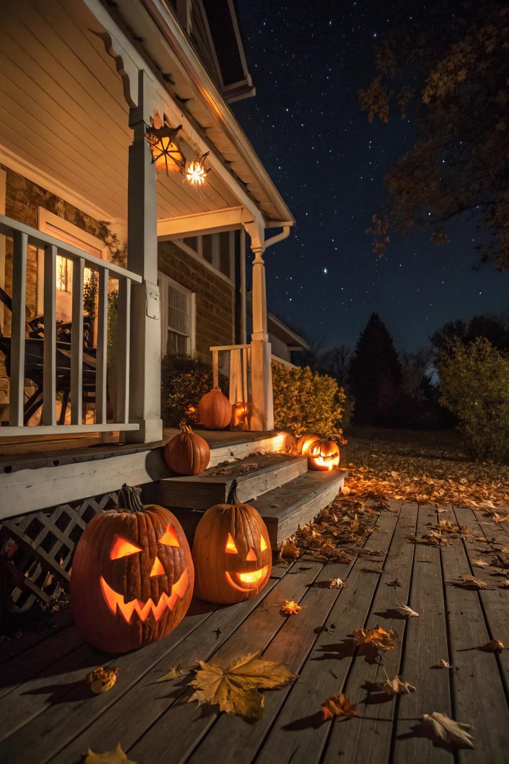 Carved pumpkins emitting a spooky glow on a Halloween night.